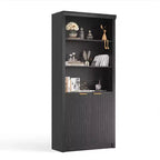 Bibliothèque haute de 71 po avec portes cannelées, étagères de présentation à 5 niveaux avec armoire de rangement et étagère réglable, bibliothèques modernes du milieu du siècle