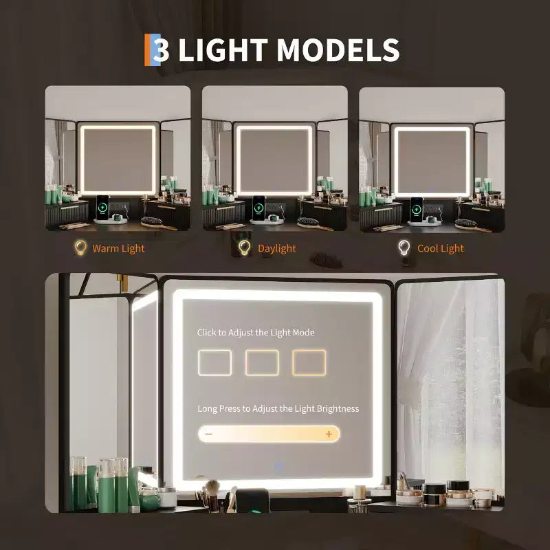 COZONY 53 Coiffeuse d'angle avec miroir et lumières, Table de maquillage cannelée avec tiroirs, Armoires de rangement et Station de recharge pour chambre à coucher