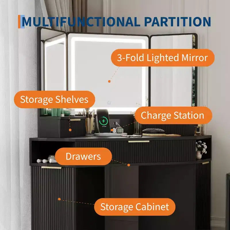 COZONY 53 Coiffeuse d'angle avec miroir et lumières, Table de maquillage cannelée avec tiroirs, Armoires de rangement et Station de recharge pour chambre à coucher