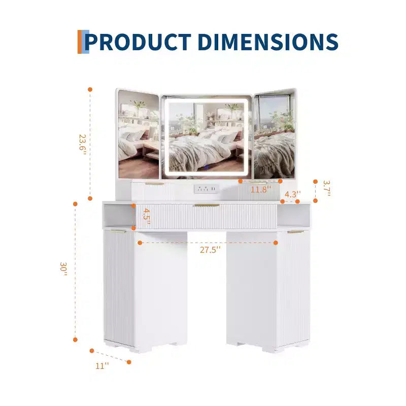 COZONY 53 Coiffeuse d'angle avec miroir et lumières, Table de maquillage cannelée avec tiroirs, Armoires de rangement et Station de recharge pour chambre à coucher