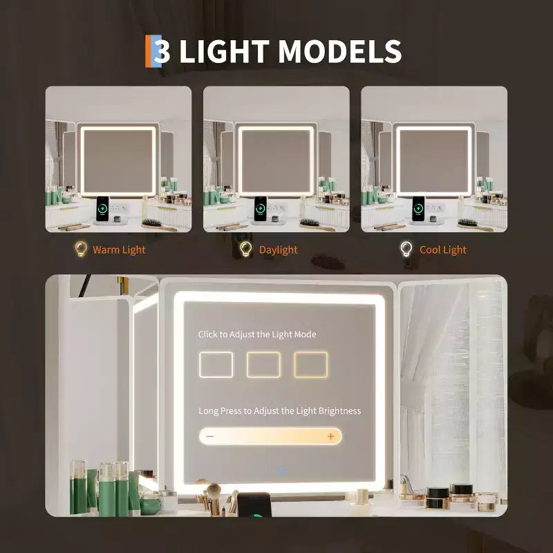 COZONY 53 Coiffeuse d'angle avec miroir et lumières, Table de maquillage cannelée avec tiroirs, Armoires de rangement et Station de recharge pour chambre à coucher