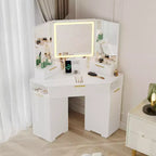 COZONY 53 Coiffeuse d'angle avec miroir et lumières, Table de maquillage cannelée avec tiroirs, Armoires de rangement et Station de recharge pour chambre à coucher