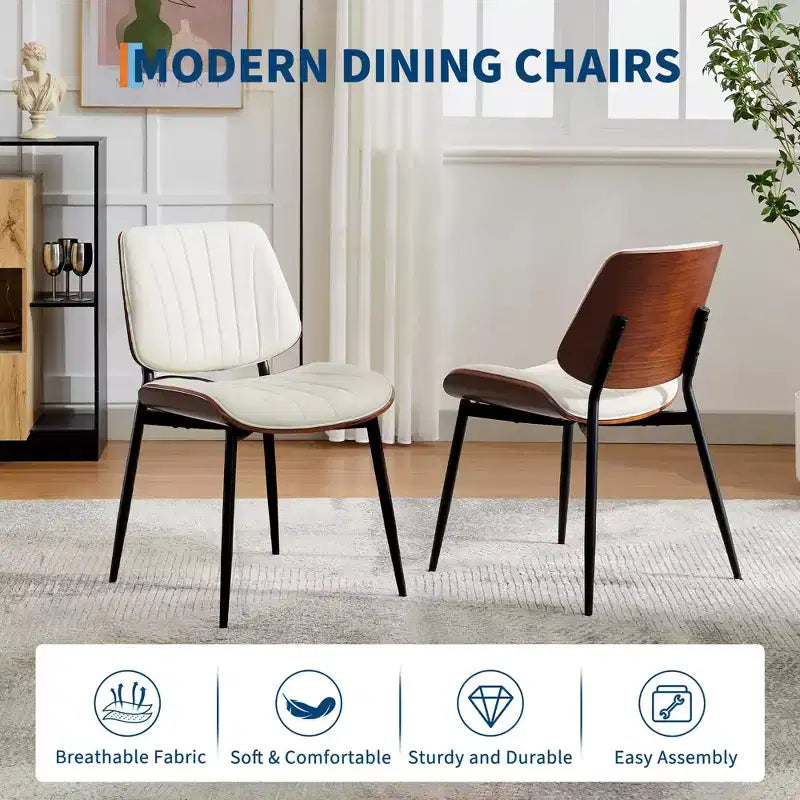 Chaises de salle à manger lot de 2 - Chaises de cuisine modernes du milieu du siècle en cuir PU rembourré de style rétro avec dossier en bois courbé de noyer, bandes de coque noires