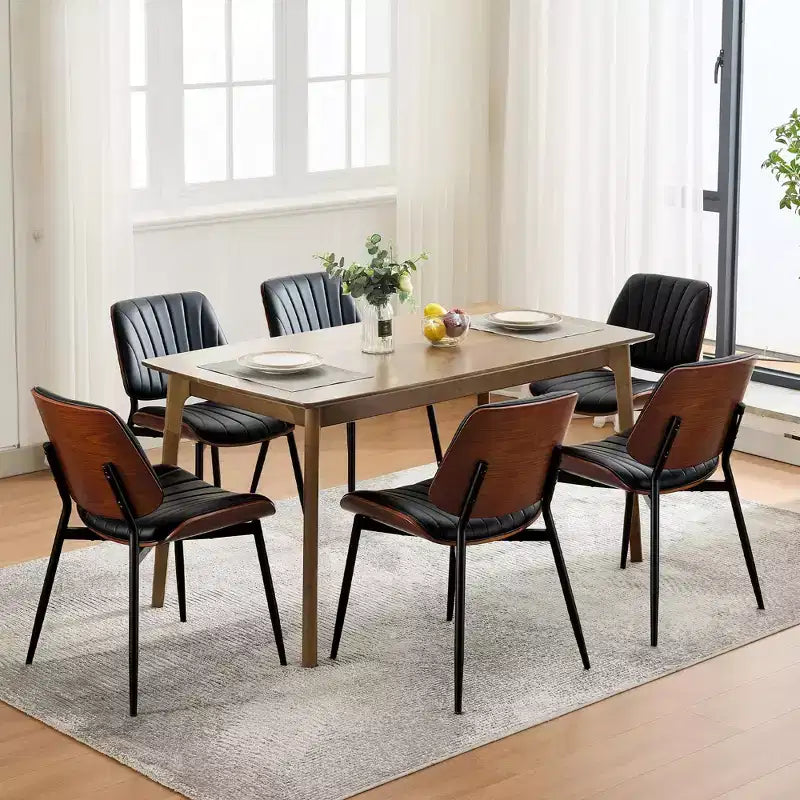 Chaises de salle à manger lot de 2 - Chaises de cuisine modernes du milieu du siècle en cuir PU rembourré de style rétro avec dossier en bois courbé de noyer, bandes de coque noires