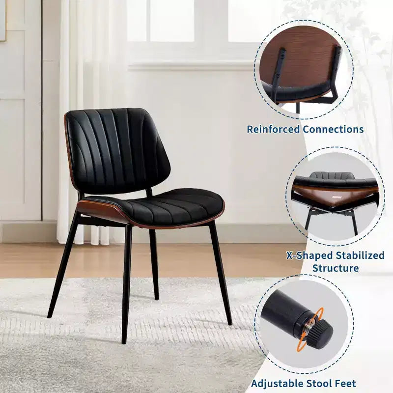 Chaises de salle à manger lot de 2 - Chaises de cuisine modernes du milieu du siècle en cuir PU rembourré de style rétro avec dossier en bois courbé de noyer, bandes de coque noires