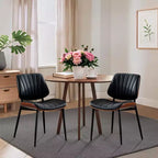 Dining Chairs Set of 2 - Mid Century Modern Upholstered Retro PU Leather Kitchen Chairs with Walnut Bentwood Back, Black Shell Strips