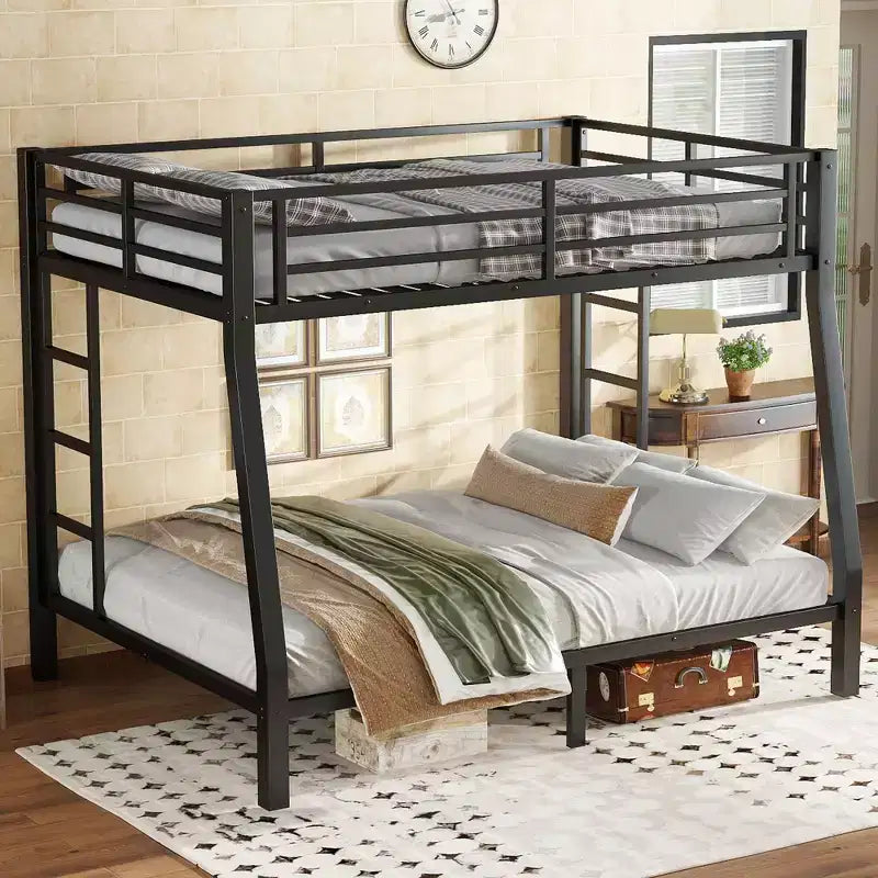 Lit superposé en métal Full XL au-dessus d'un lit Queen pour adolescents et adultes, gain de place, réduction du bruit, pas besoin de sommier, noir