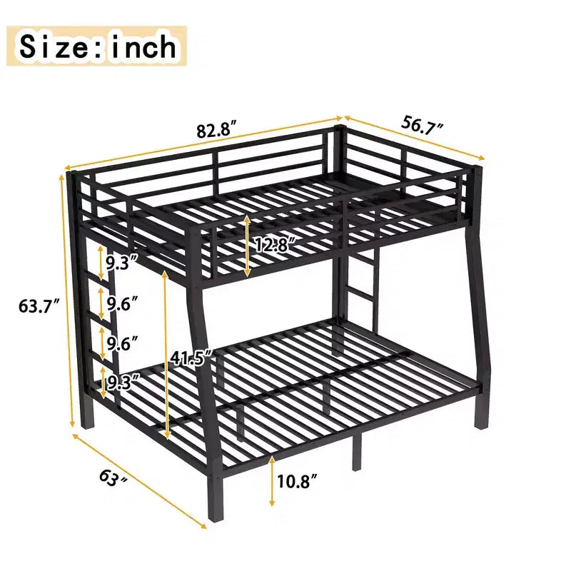 Lit superposé en métal Full XL au-dessus d'un lit Queen pour adolescents et adultes, gain de place, réduction du bruit, pas besoin de sommier, noir