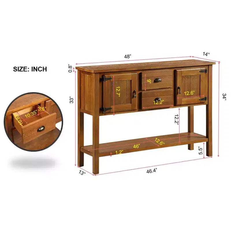 TUYOHW 48 Console en bois de pin massif, meuble d'appoint avec 2 tiroirs, 2 armoires, étagère inférieure, buffet pour cuisine, salle à manger