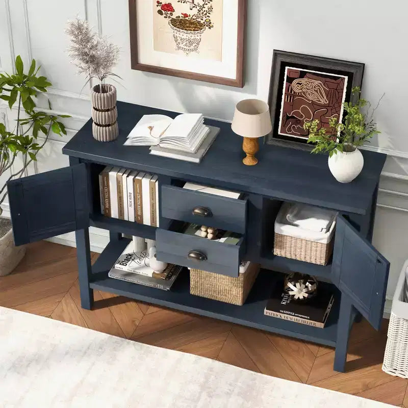TUYOHW 48 Console en bois de pin massif, meuble d'appoint avec 2 tiroirs, 2 armoires, étagère inférieure, buffet pour cuisine, salle à manger