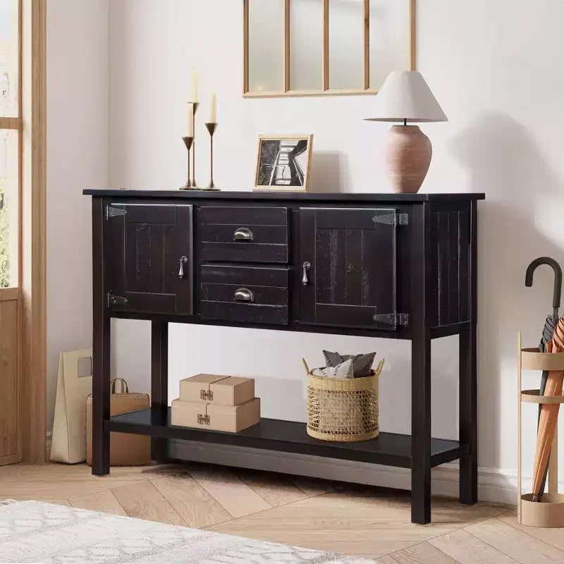 TUYOHW 48 Console en bois de pin massif, meuble d'appoint avec 2 tiroirs, 2 armoires, étagère inférieure, buffet pour cuisine, salle à manger