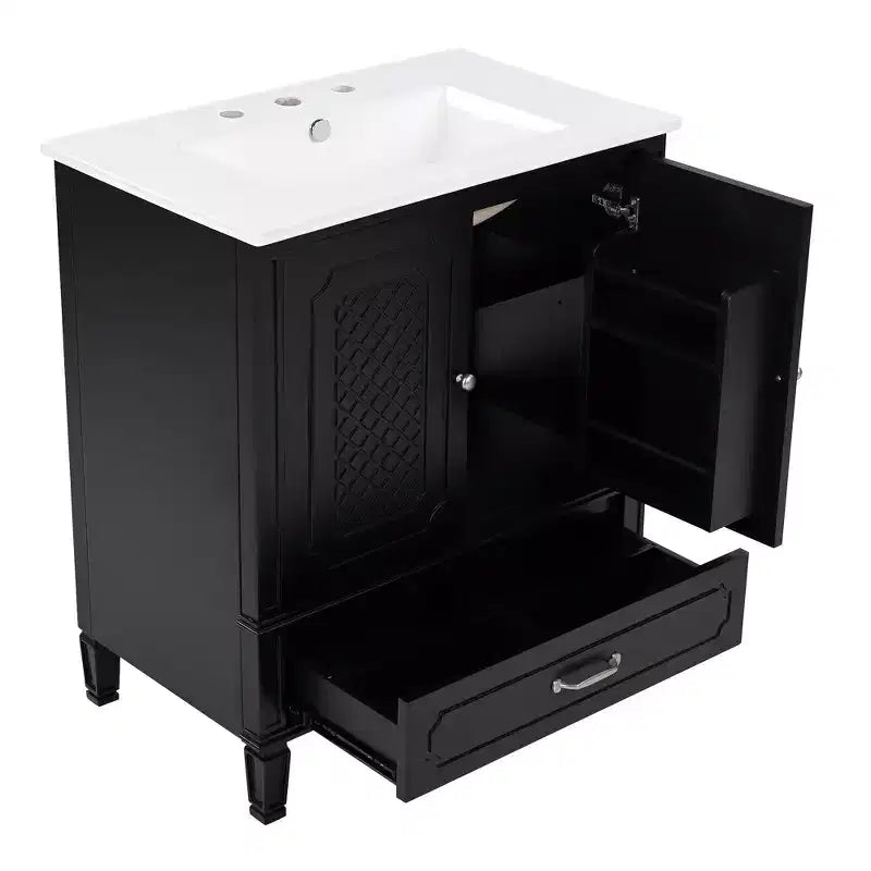 Meuble de salle de bain 76 cm avec lavabo intégré, Meuble de rangement de salle de bain avec tiroirs et étagère de porte, Meuble de salle de bain simple vasque