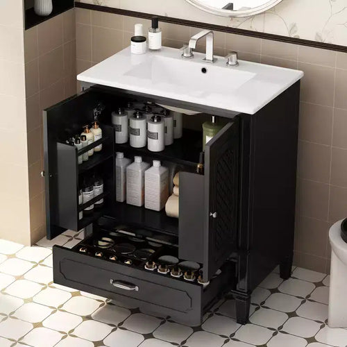 Meuble de salle de bain 76 cm avec lavabo intégré, Meuble de rangement de salle de bain avec tiroirs et étagère de porte, Meuble de salle de bain simple vasque