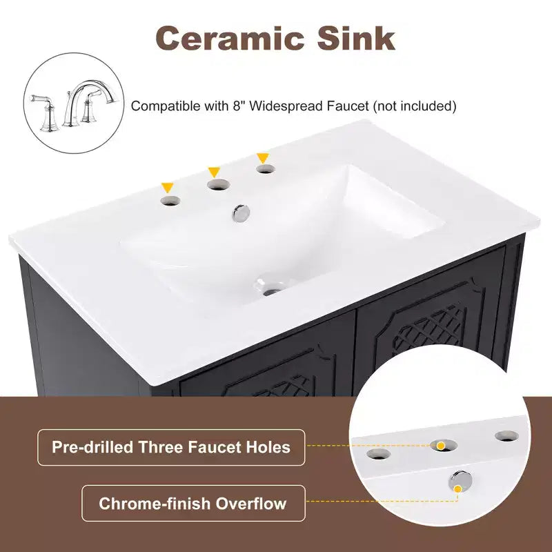 Meuble de salle de bain 76 cm avec lavabo intégré, Meuble de rangement de salle de bain avec tiroirs et étagère de porte, Meuble de salle de bain simple vasque