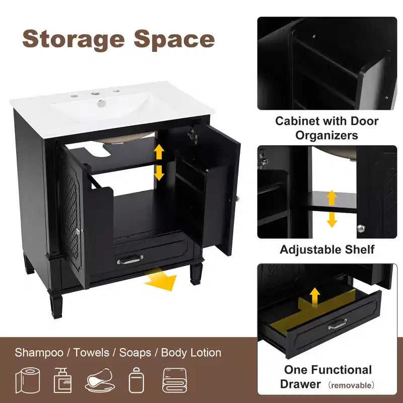 Meuble de salle de bain 76 cm avec lavabo intégré, Meuble de rangement de salle de bain avec tiroirs et étagère de porte, Meuble de salle de bain simple vasque