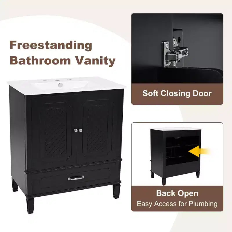 Meuble de salle de bain 76 cm avec lavabo intégré, Meuble de rangement de salle de bain avec tiroirs et étagère de porte, Meuble de salle de bain simple vasque