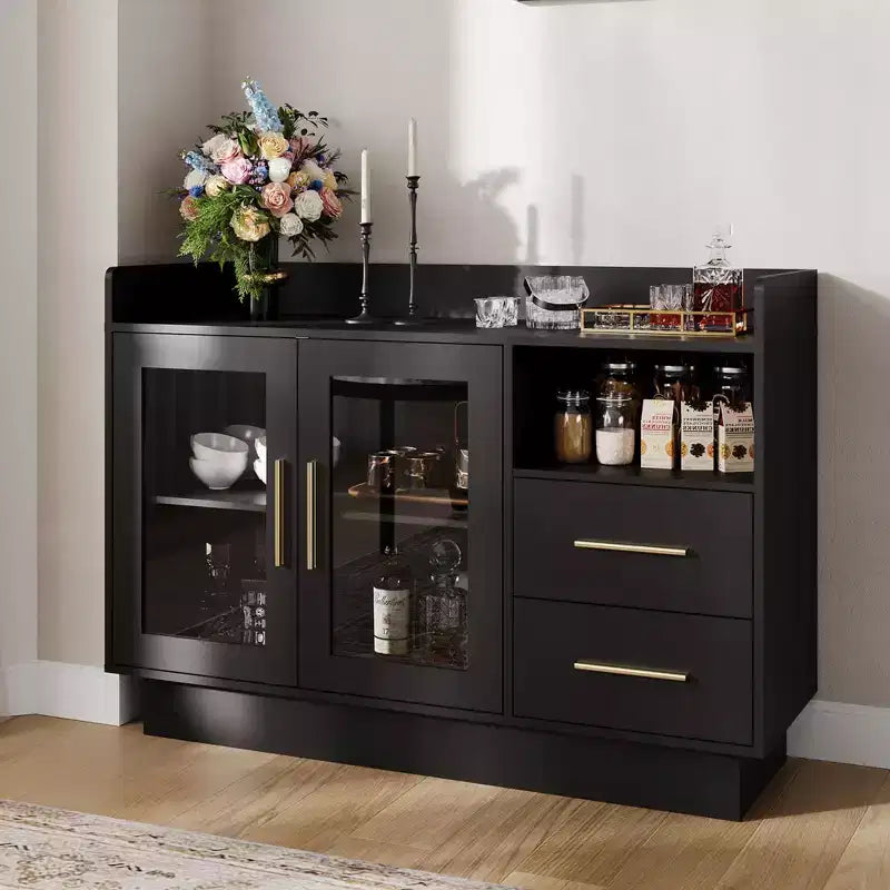 Meuble à vin - Station de café-bar, Meuble à liqueur de grande capacité avec tiroirs, Portes doubles en verre durables et conception anti-basculement