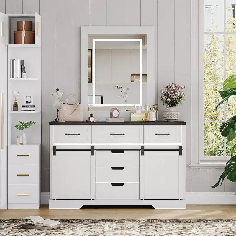 Commode de ferme COZONY 47,2 po, commode à 6 tiroirs avec portes coulissantes de grange, blanc