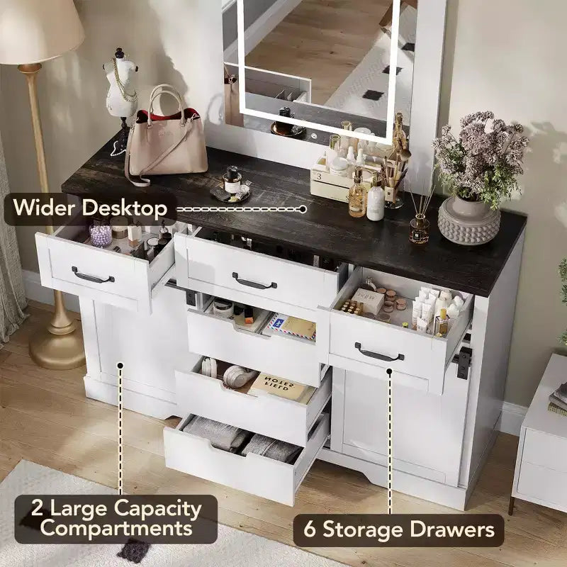 Commode de ferme COZONY 47,2 po, commode à 6 tiroirs avec portes coulissantes de grange, blanc