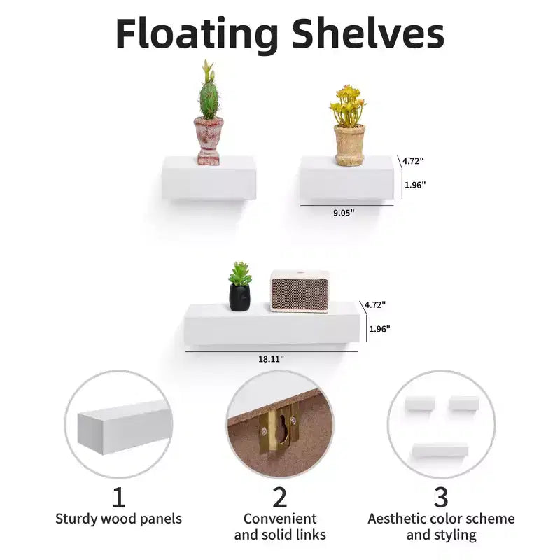 17.72 Étagère flottante blanche en bois avec supports invisibles, parfaite pour la décoration de salle de bain/chambre/cuisine ou pour exposer livres/plantes, installation facile.