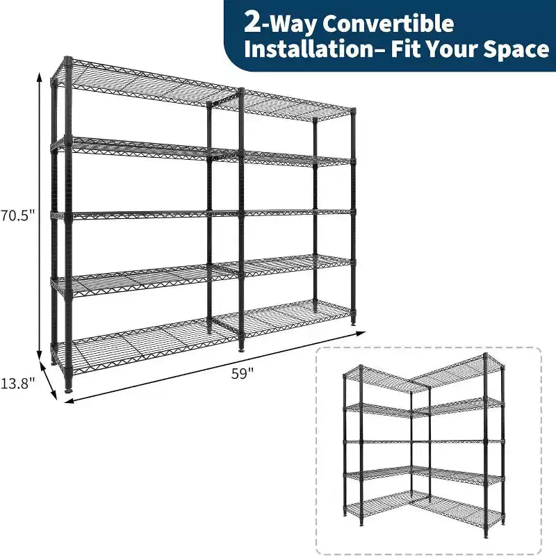 Étagère de rangement en fil métallique robuste à 5 niveaux, unité de rayonnage réglable pour garde-manger de cuisine, garage et usage commercial, organisateur autoportant large