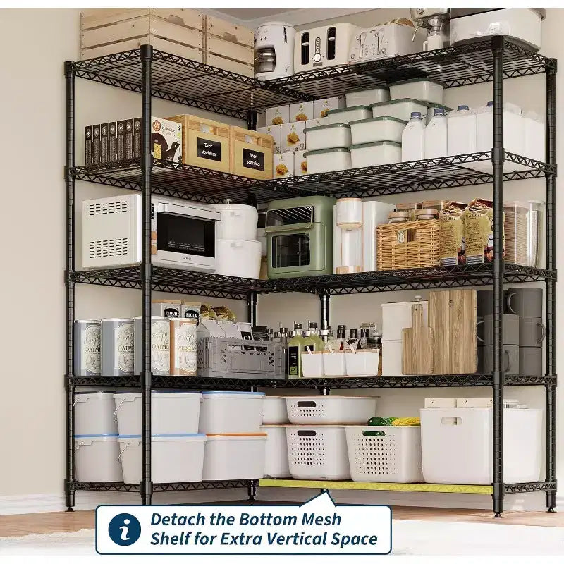 Étagère de rangement en fil métallique robuste à 5 niveaux, unité de rayonnage réglable pour garde-manger de cuisine, garage et usage commercial, organisateur autoportant large