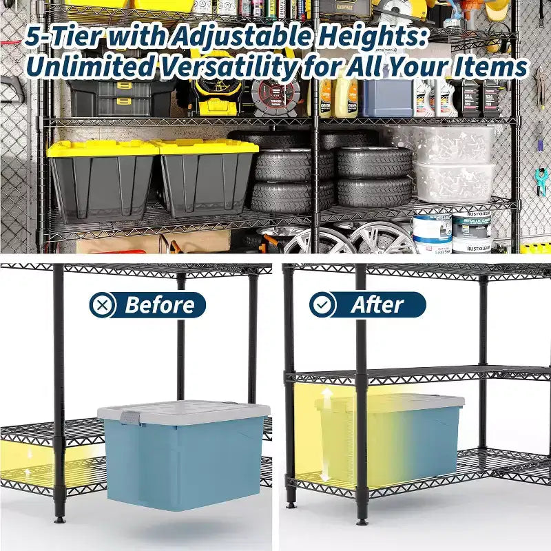 Étagère de rangement en fil métallique robuste à 5 niveaux, unité de rayonnage réglable pour garde-manger de cuisine, garage et usage commercial, organisateur autoportant large