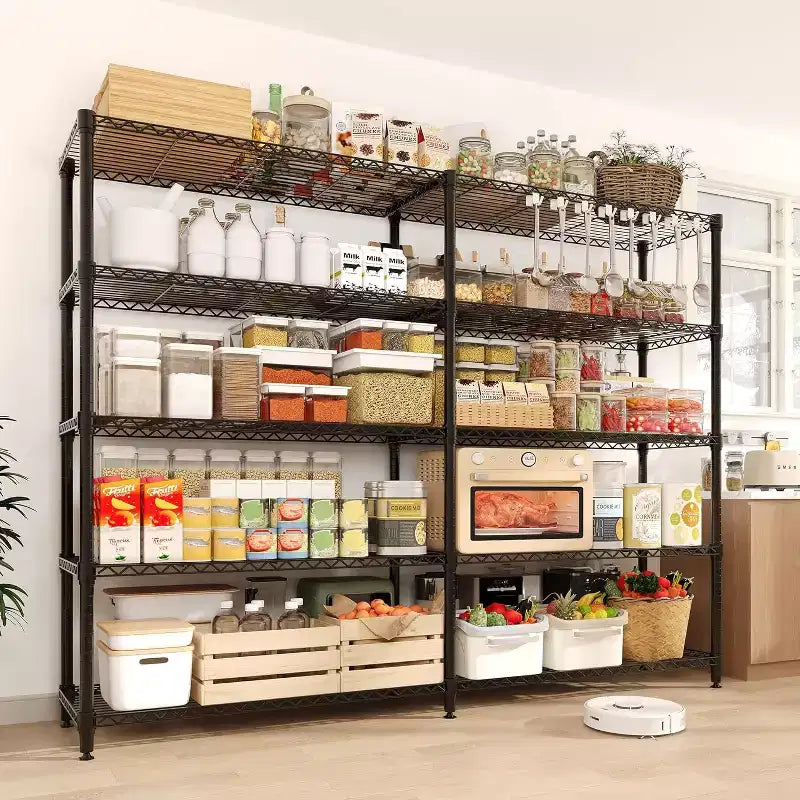 Étagère de rangement en fil métallique robuste à 5 niveaux, unité de rayonnage réglable pour garde-manger de cuisine, garage et usage commercial, organisateur autoportant large