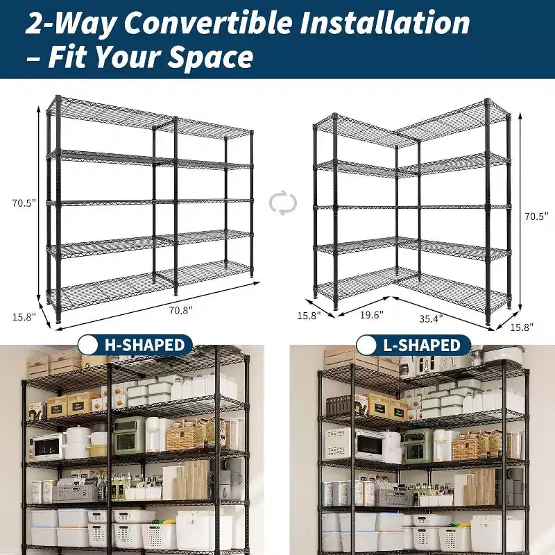 Étagère de rangement en fil métallique robuste à 5 niveaux, unité de rayonnage réglable pour garde-manger de cuisine, garage et usage commercial, organisateur autoportant large