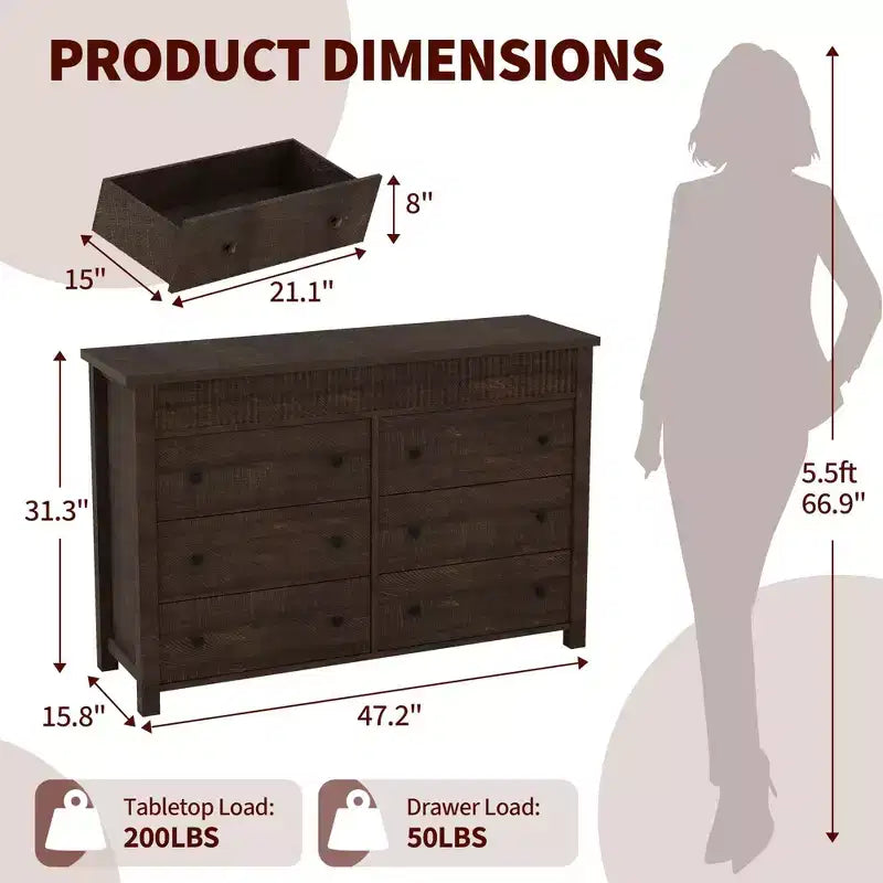 COZONY Commode 6/7 tiroirs, Commode en bois avec panneaux cannelés, Meuble de rangement pour salon ou chambre