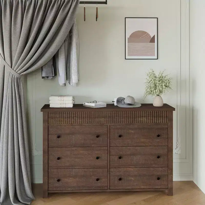 COZONY Commode 6/7 tiroirs, Commode en bois avec panneaux cannelés, Meuble de rangement pour salon ou chambre