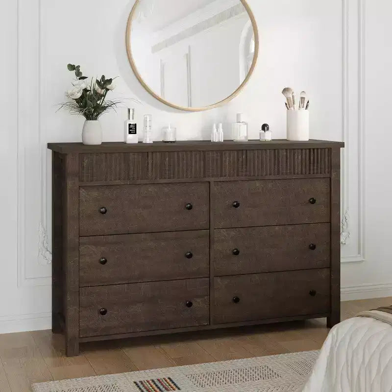 COZONY Commode 6/7 tiroirs, Commode en bois avec panneaux cannelés, Meuble de rangement pour salon ou chambre