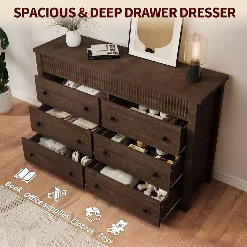 COZONY Commode 6/7 tiroirs, Commode en bois avec panneaux cannelés, Meuble de rangement pour salon ou chambre