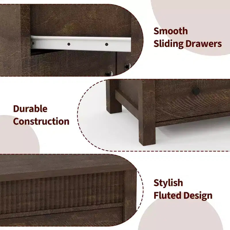 COZONY Commode 6/7 tiroirs, Commode en bois avec panneaux cannelés, Meuble de rangement pour salon ou chambre