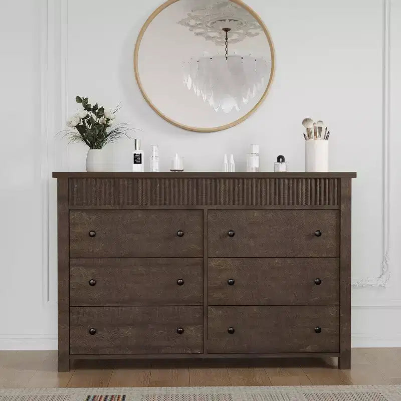COZONY Commode 6/7 tiroirs, Commode en bois avec panneaux cannelés, Meuble de rangement pour salon ou chambre
