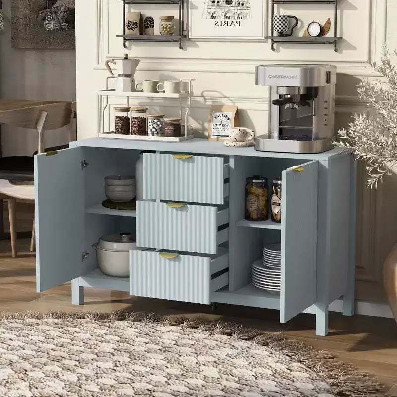 TUYOHW Buffet design ondulé, console de rangement avec 3 tiroirs, portes à fermeture douce, 3 étagères réglables, poignées en métal, armoire pour salon