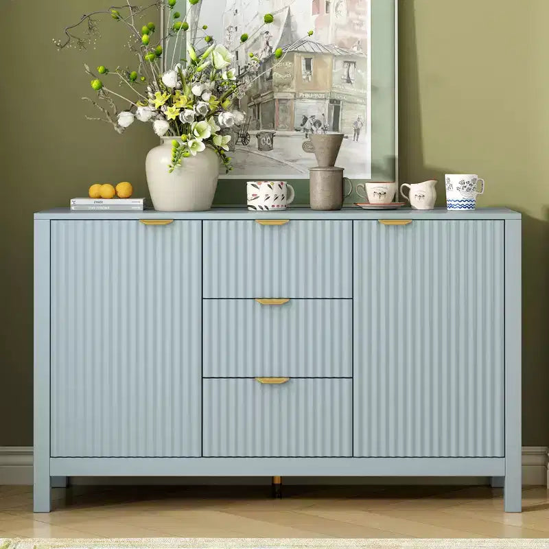 TUYOHW Buffet design ondulé, console de rangement avec 3 tiroirs, portes à fermeture douce, 3 étagères réglables, poignées en métal, armoire pour salon