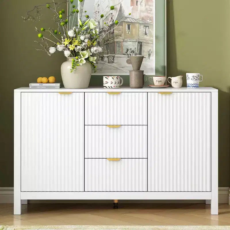 TUYOHW Buffet design ondulé, console de rangement avec 3 tiroirs, portes à fermeture douce, 3 étagères réglables, poignées en métal, armoire pour salon