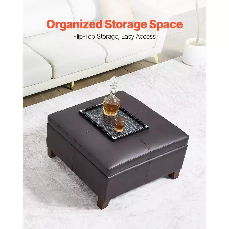 VEVOR Pouf de Rangement en Cuir Carré 71 cm, Table Basse capitonnée avec Boutons, Design Rabattable, Cuir PU, Marron Foncé
