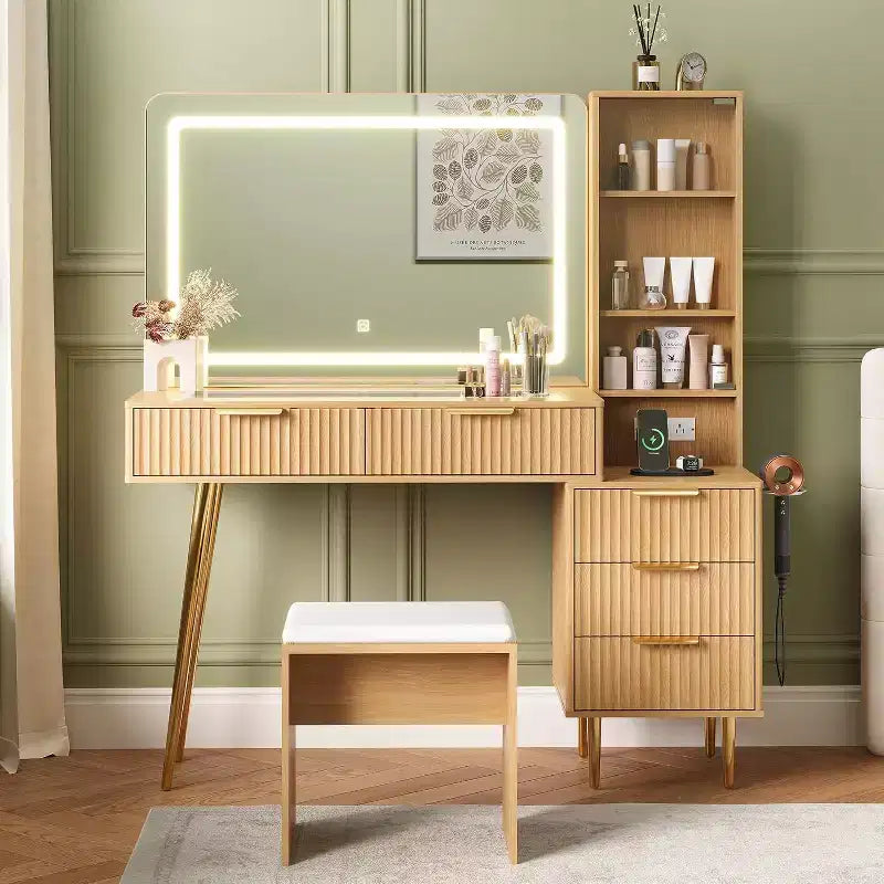 Coiffeuse 48 po en chêne avec miroir 36 po, 5 tiroirs, 3 étagères, éclairage réglable 3 couleurs, ensemble table de maquillage pour chambre à coucher