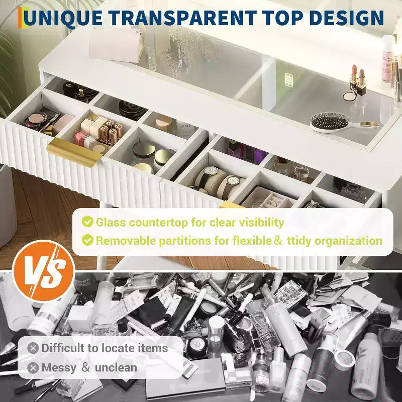 Coiffeuse 48 po en chêne avec miroir 36 po, 5 tiroirs, 3 étagères, éclairage réglable 3 couleurs, ensemble table de maquillage pour chambre à coucher