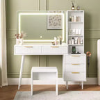 Coiffeuse 48 po en chêne avec miroir 36 po, 5 tiroirs, 3 étagères, éclairage réglable 3 couleurs, ensemble table de maquillage pour chambre à coucher