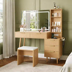 Coiffeuse 48 po en chêne avec miroir 36 po, 5 tiroirs, 3 étagères, éclairage réglable 3 couleurs, ensemble table de maquillage pour chambre à coucher