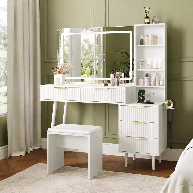 Coiffeuse 48 po en chêne avec miroir 36 po, 5 tiroirs, 3 étagères, éclairage réglable 3 couleurs, ensemble table de maquillage pour chambre à coucher