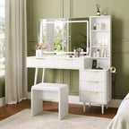 Coiffeuse 48 po en chêne avec miroir 36 po, 5 tiroirs, 3 étagères, éclairage réglable 3 couleurs, ensemble table de maquillage pour chambre à coucher