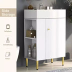 Meuble-lavabo de salle de bain en céramique blanche et MDF de 21,6 po avec lavabo simple et rangement latéral | Armoire de rangement de salle de bain