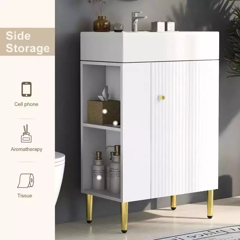 Meuble-lavabo de salle de bain en céramique blanche et MDF de 21,6 po avec lavabo simple et rangement latéral | Armoire de rangement de salle de bain