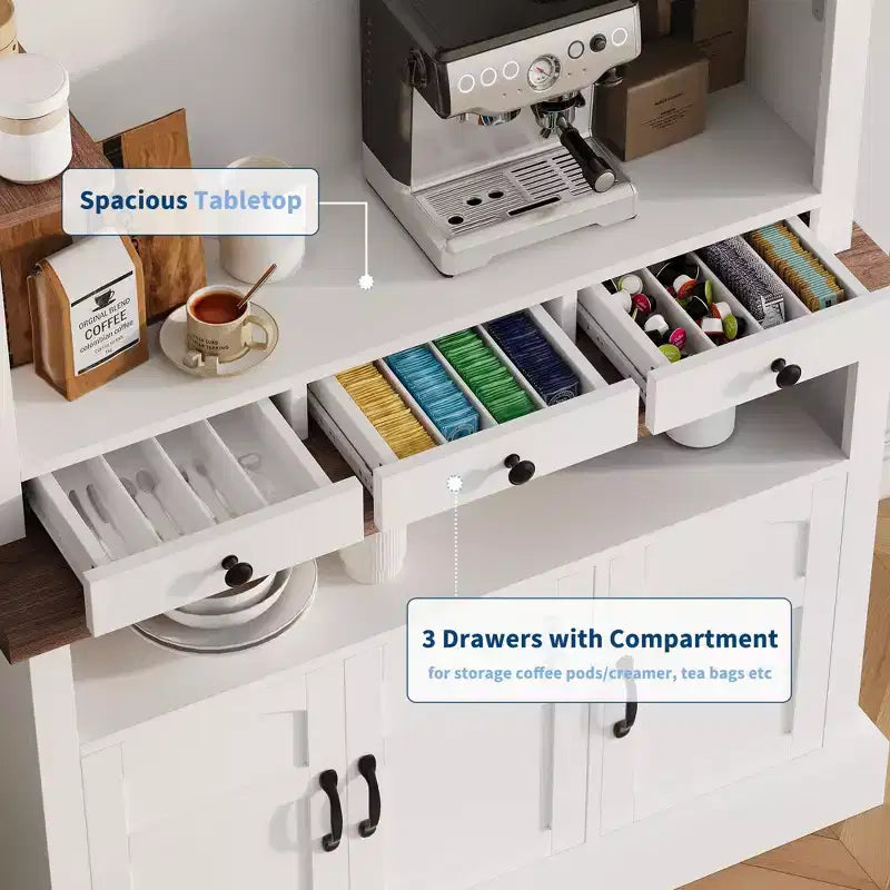 Meuble bar à café avec lumières LED, vaisselier de bar à café de style rustique haut avec rangement, buffet avec support pour micro-ondes