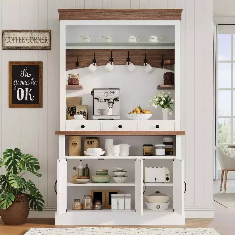 Meuble bar à café avec lumières LED, vaisselier de bar à café de style rustique haut avec rangement, buffet avec support pour micro-ondes