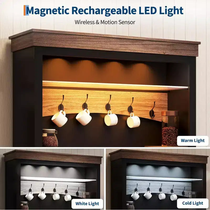 Meuble bar à café avec lumières LED, vaisselier de bar à café de style rustique haut avec rangement, buffet avec support pour micro-ondes
